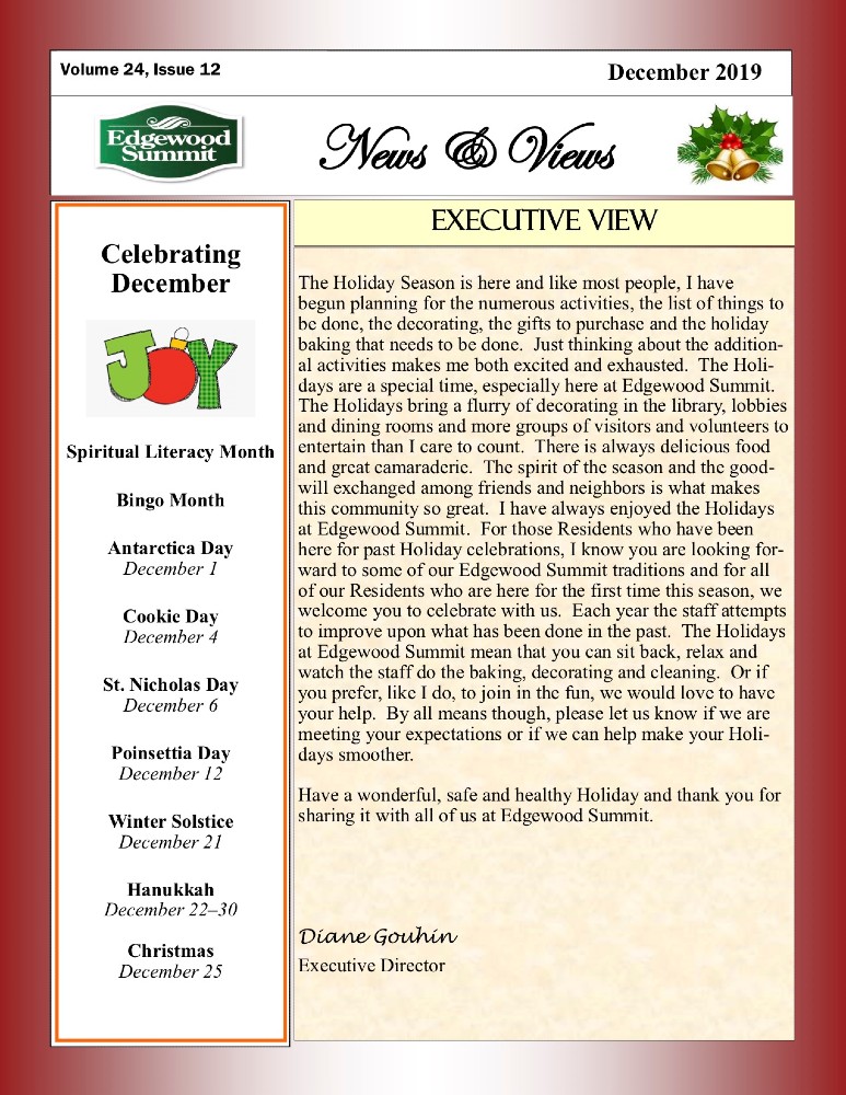 December 2019 issue of the Edgewood Summit newsletter